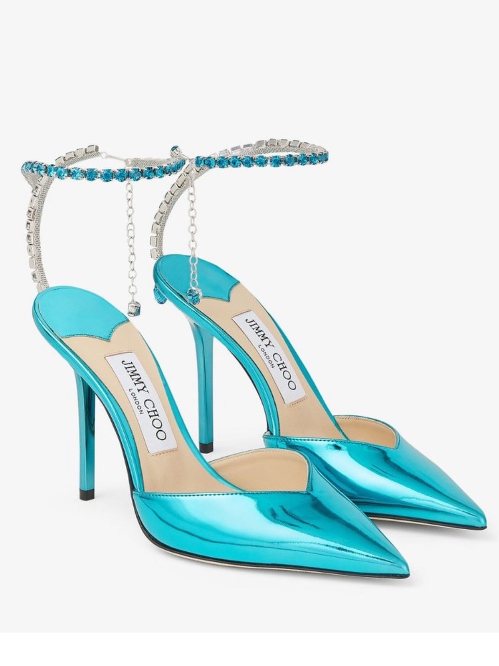 Jimmy Choo Saeda 100 Metallic Teal Pointed Toe Heels with Crystal Anklet - Picture 3 of 16